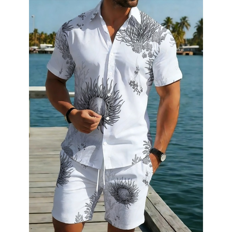 Resort Shirt Floral - メンズ花柄ハワイアンシャツ＆ショーツセット ポリエステル 軽量 夏 ビーチ 旅行