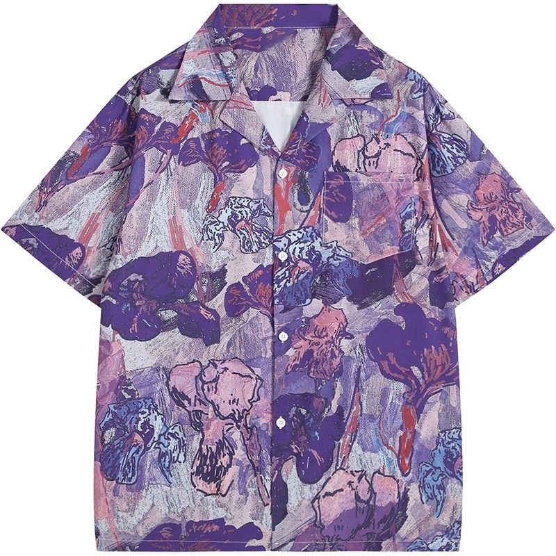 Resort Shirt Floral - ヴィンテージ紫油絵アイリス花柄抽象フルプリントオーバーサイズキャンプカラーユニセックス半袖シャツアートリゾートブラウス