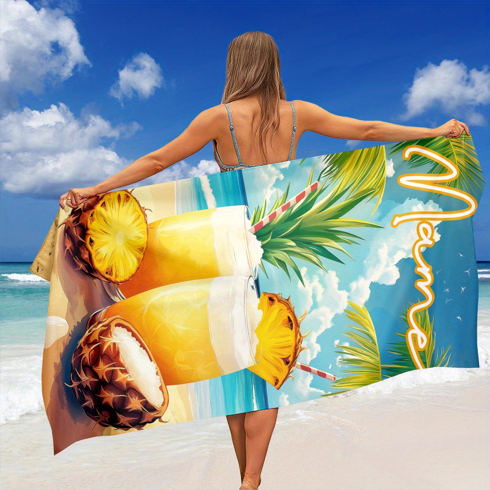 Beach Towel Large - 1枚入り カスタムネームビーチタオル テキスト/名前入り 大型速乾マイクロファイバー パイナップルココナッツドリンクデザイン、トロピカルパーム柄