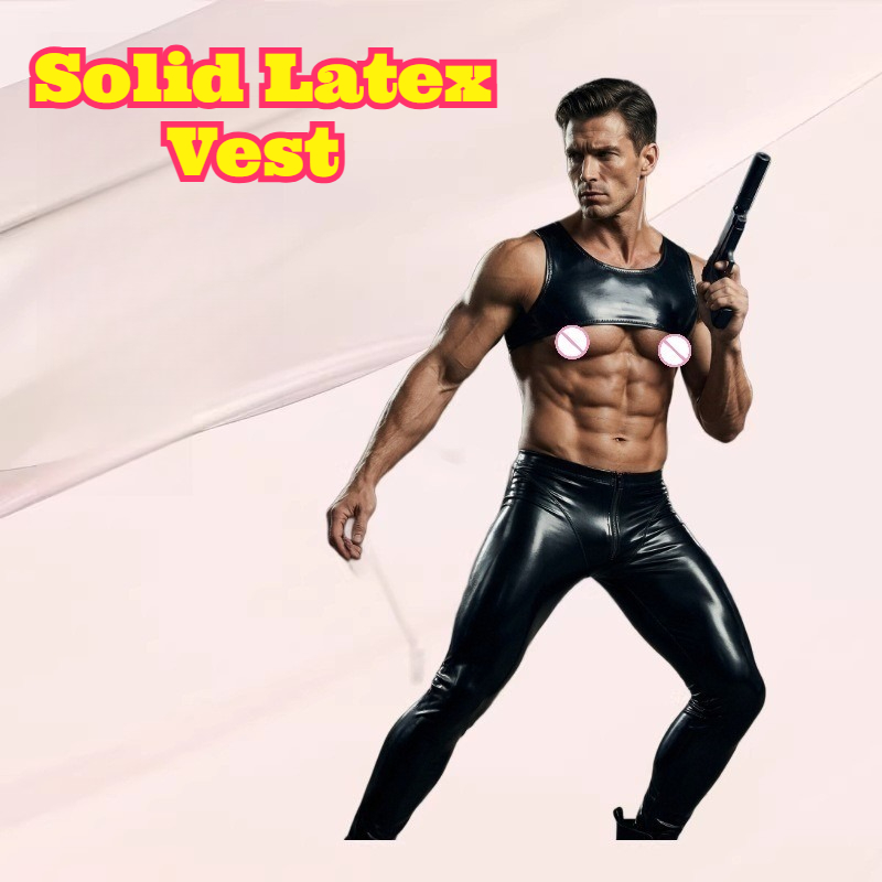Tank Top Muscle - ソリッドラテックスベスト タイトショートタンクトップ ラバーテクスチャ マッスルシェイピング 胸元露出 ボディスカルプト