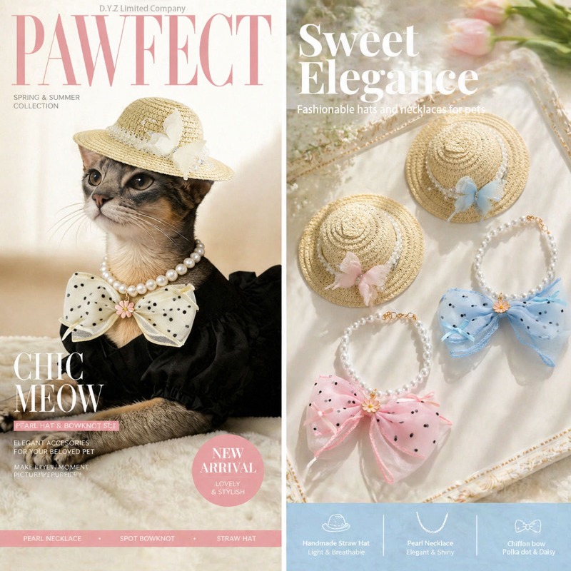 Bucket Hat Straw - 可愛い夏用ペットストローバケットハット、調節可能な日よけキャップ、小型犬、中型犬、猫、子犬用、蝶とパールのボウカラーセット付き