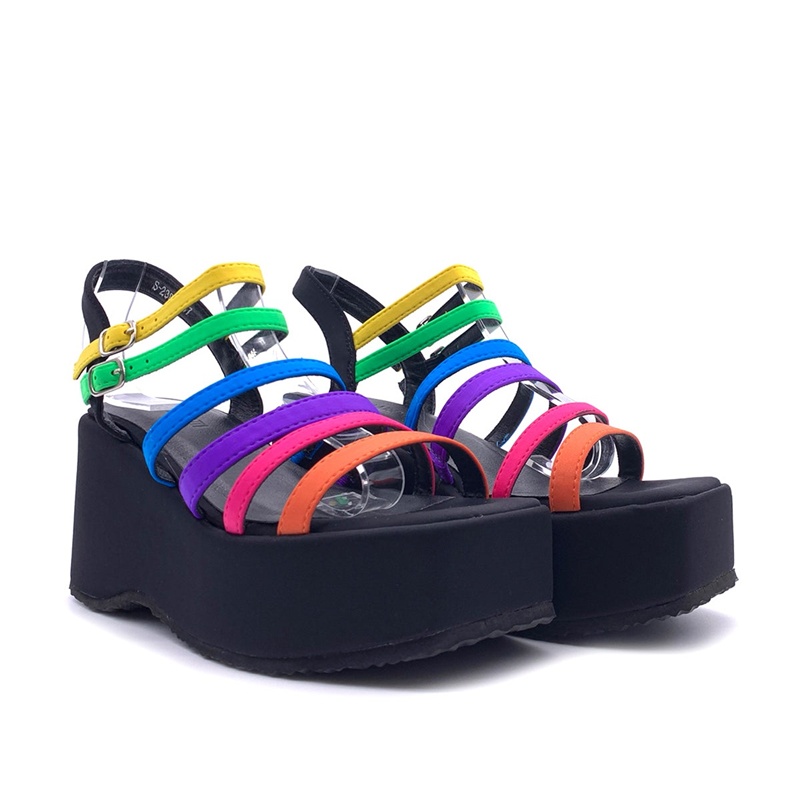 Casual Sandal Leather - ナローバンド ミックスカラー サンダル セクシー スクエアトゥ プラットフォーム