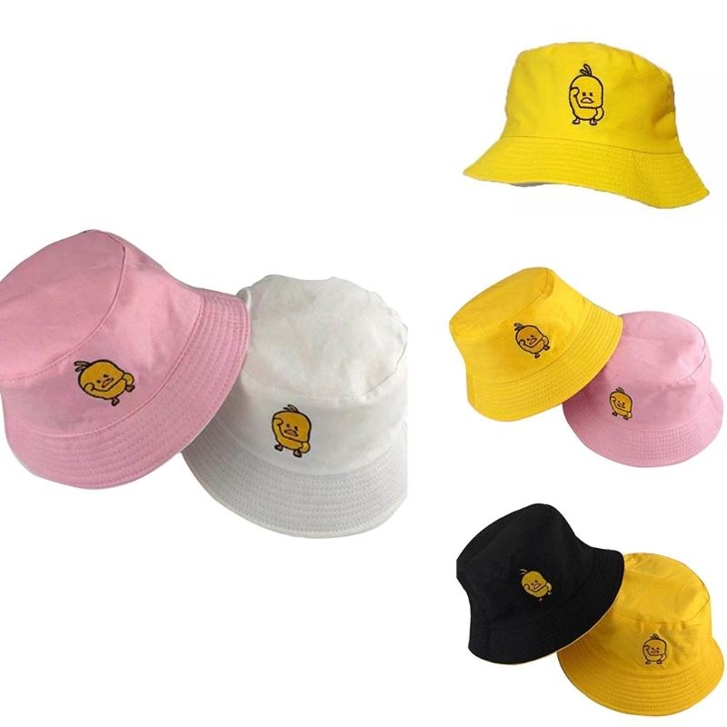 Packable Hat Nylon - 女性男性夏イエローアヒル刺繍バケットハット可逆両面着用屋外日焼け止めパッカブルパナマ漁師キャップ