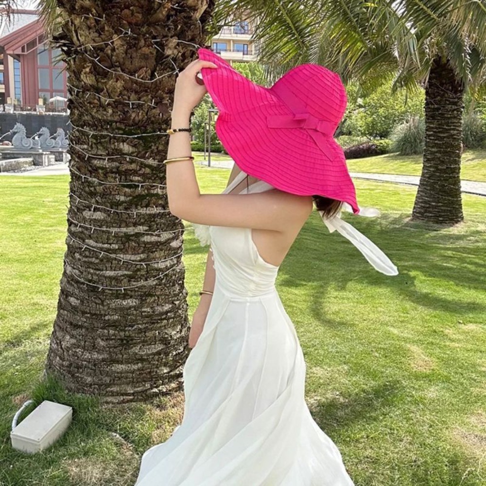 Packable Hat Nylon - 折りたたみ可能な蝶結びDIY成形可能なつば広帽子UVカット折りたたみ式プラスチックバケットハット通気性日焼け止め女性用サンハットビーチ