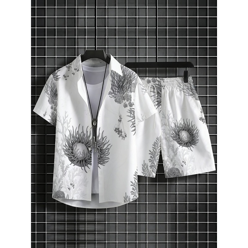 メンズ花柄ハワイアンシャツ＆ショーツセット ポリエステル 軽 - Resort Shirt Floral のレビューと価格