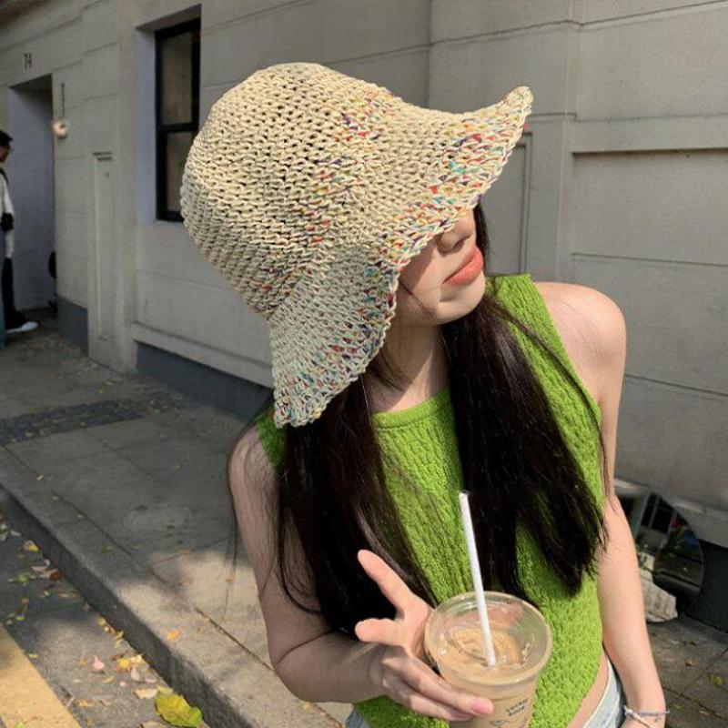 女性用手織りレインボーストローハット韓国夏用通気性フィッシャ - Bucket Hat Straw のレビューと価格