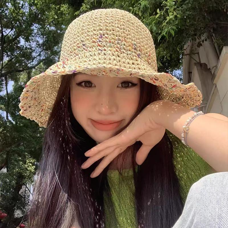 女性用手織りレインボーストローハット韓国夏用通気性フィッシャ - Bucket Hat Straw のレビューと価格