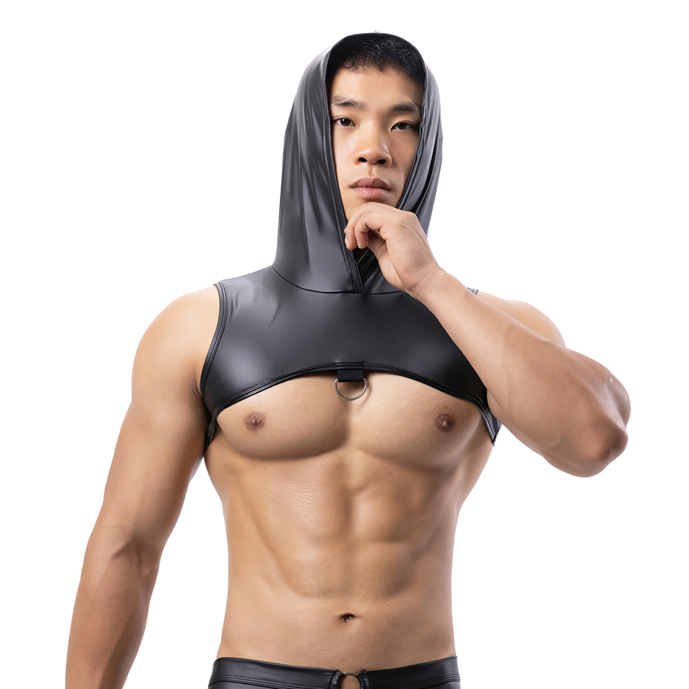 男性フェイクレザーフード付きフィットネスタンクトップ胸ハーネ - Tank Top Muscle のレビューと価格