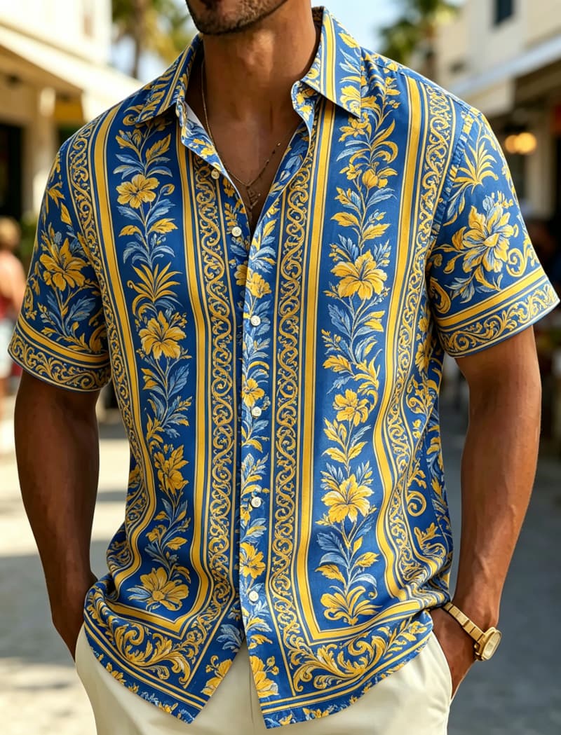 メンズ半袖シャツ ラペル付き ヴィンテージ バロック調 花柄 - Resort Shirt Floral のレビューと価格