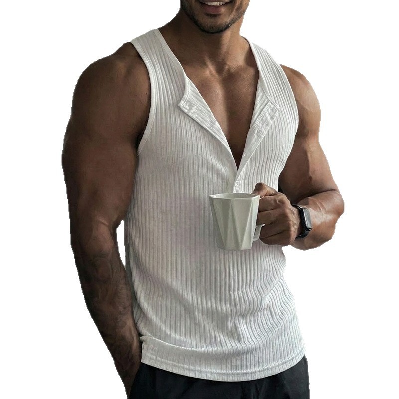 スポーティなタンクトップ、無地、クルーネック、ボタンフロント - Tank Top Muscle のレビューと価格